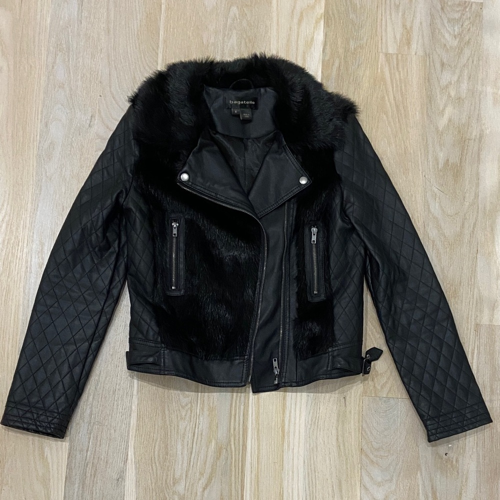 Bagatelle Quilted Black Leather Jacket with Faux Fur size small
